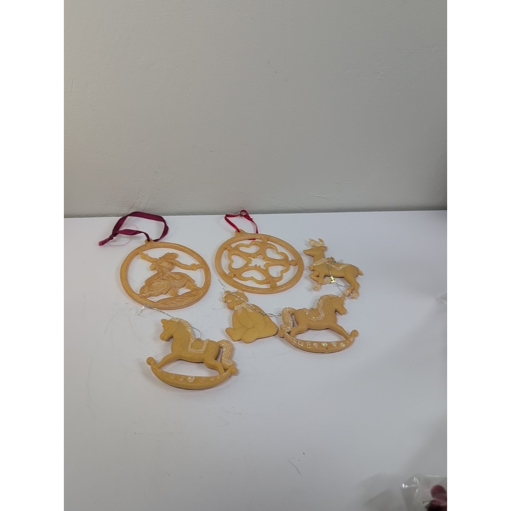 Lot 6 Vintage Plastic Christmas Ornaments Rocking Horse Bear Reindeer Bell